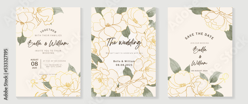 Luxury floral wedding invitation card template. watercolor card with leaf branch, flowers, white roses, gold line art. Elegant blossom rose vector design suitable for banner, cover, invitation.
