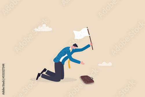 Give up, abandon hope or dream, loser or business failure, fatigue or exhausted from hard work, desperate or hopelessness concept, sad businessman giving up waving white flag asking for help. photo