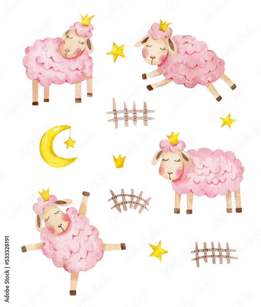 A set of cute pink watercolor sheep with crowns. A collection of watercolor sheep with a month, stars and fences. Children's illustration A set of cute pink watercolor sheep with crowns. A collection of watercolor sheep with a month, stars and fences. Children's illustration