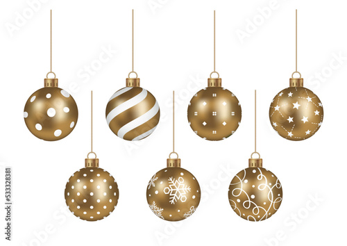 Realistic Gold Christmas Ball Vector Illustration Set Isolated On A White Background.