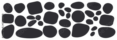 Organic blob shape with irregular form abstract vector illustration. Random oval pebble, asymmetric stone, round amoeba blot. Set of simple graphic geometric stained. Black bubble blotch background