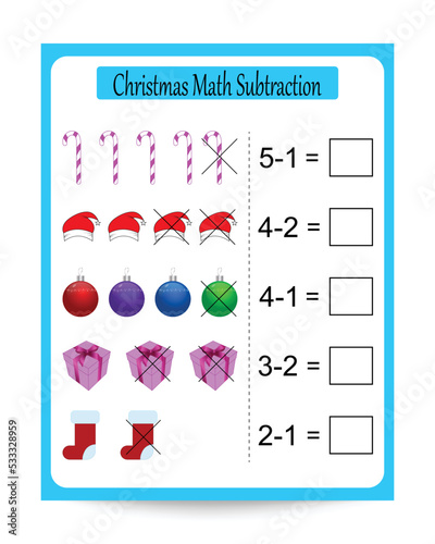 Christmas math subtraction task for kids 