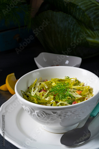 White cabbage with dill and diced bacon