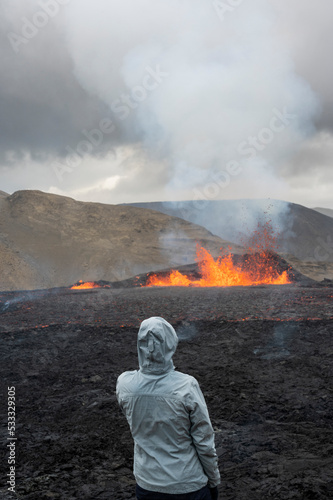 Tourist visiting Fagradalsfjall eruption site