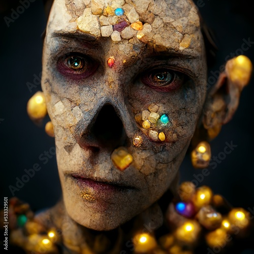 Scary zombie rocky face with gems incrustated. Gemstones on the skin, portrait made of precious stones, dark eyes. Photo realistic, concept art, cinematic light, background, wallpaper, illustration photo