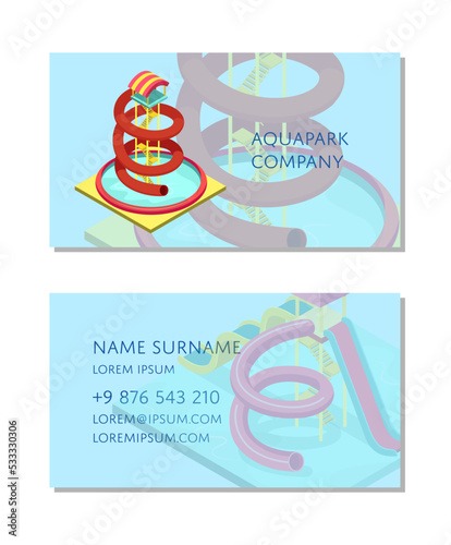Aquapark company business card template. Outdoor funny relax and activity, summer time family vacation, children water attractions vector illustration. Corporate identity design with isometric element
