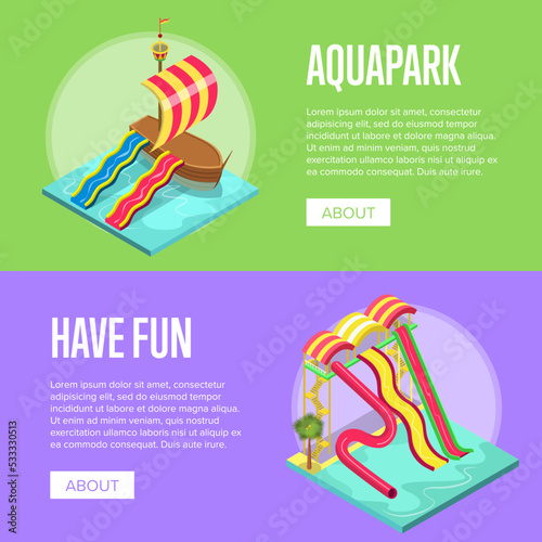 Family vacation in aquapark isometric flyers. Outdoor funny relax and activity, leisure in amusement park, children water attractions vector illustration. Plastic water tubes and slides in pool.