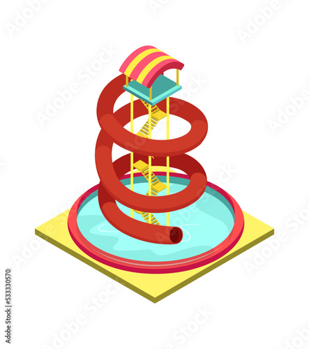Colorful aqua park water tube isometric 3D element. Outdoor funny relax and activity, summertime family vacation, children water attractions vector illustration.