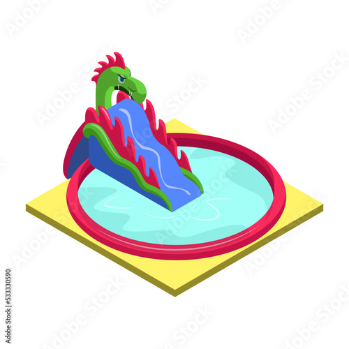 Inflatable slide in pool isometric 3D element. Outdoor funny relax and activity, summertime family vacation, children water attractions vector illustration.
