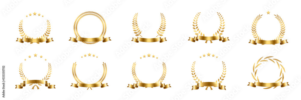 Golden laurel wreath with ribbon set vector illustration. Winner award with leaves and stars, trophy, gold certificate or birthday congratulation for ceremony isolated on white - obrazy, fototapety, plakaty 
