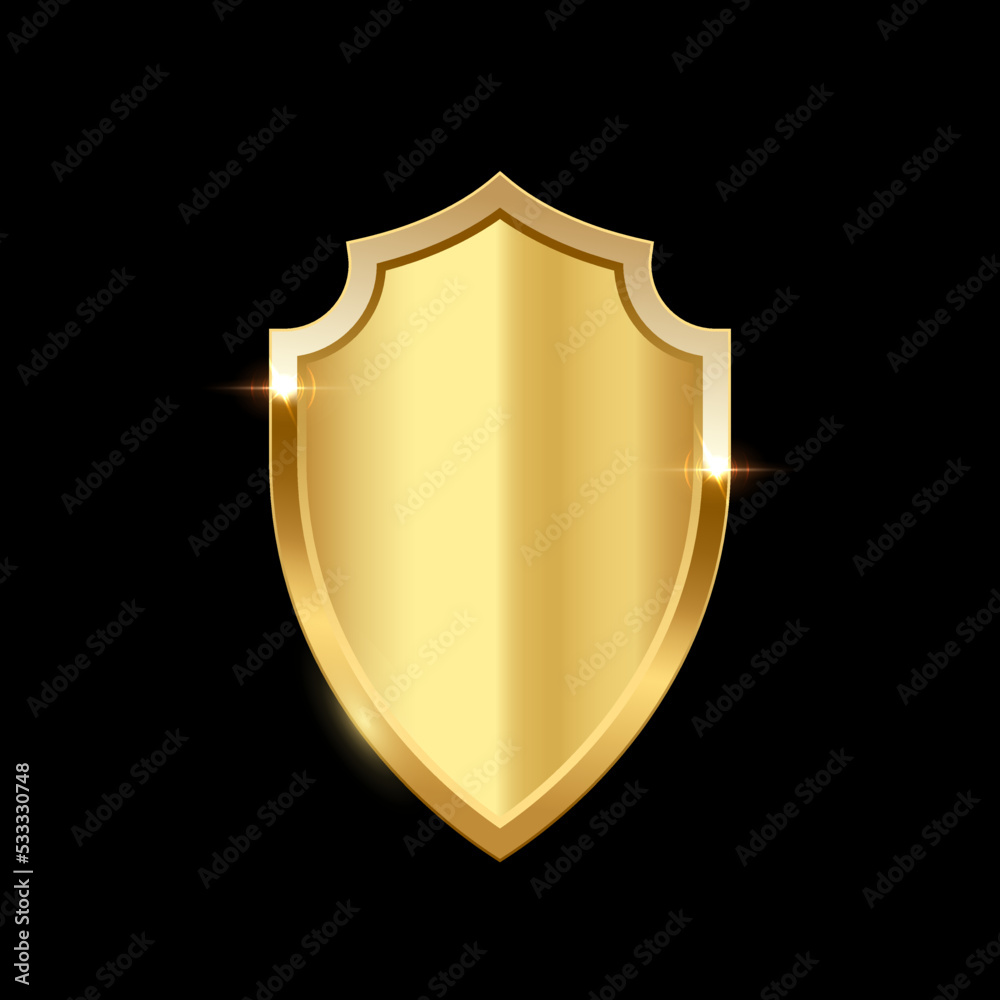 Gold shield vector illustration. Realistic isolated golden armory trophy with metal coat, 3d luxury safety protection emblem, vintage blank shiny royal award Gold shield vector illustration. Realistic isolated golden armory trophy with metal coat, 3d luxury safety protection emblem, vintage blank shiny royal award