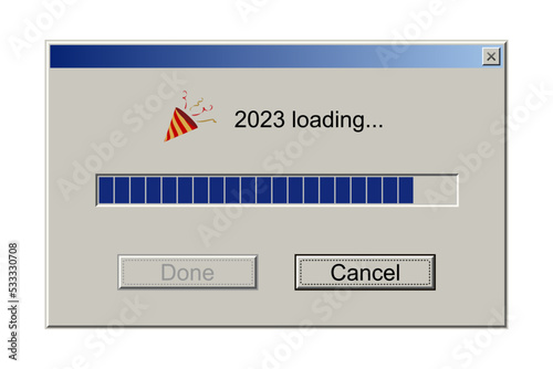 2023 loading notification message in classic retro style of system user interface vector illustration. Retro download bar and buttons, window design mockup with upload progress of New Year holiday.