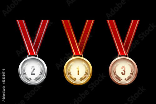 Golden, silver and bronze medals hanging on red ribbons isolated on black background. Vector sports illustration.