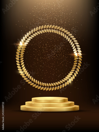Golden wreath of leaves in circle shape, confetti and light falling on 3d winners podium