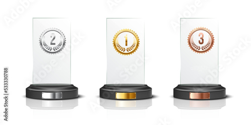 Glass awards realistic vector illustration. Crystal prizes with golden, silver and bronze medals 3D isolated clipart set on white background. Competition winner rewards. Trophy design elements