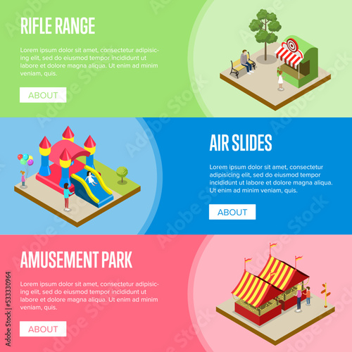 Amusement park isometric horizontal flyers with rifle range, air slides and striped tents. Funfair carnival banner, summer time family vacation, children attractions in theme park vector illustration.