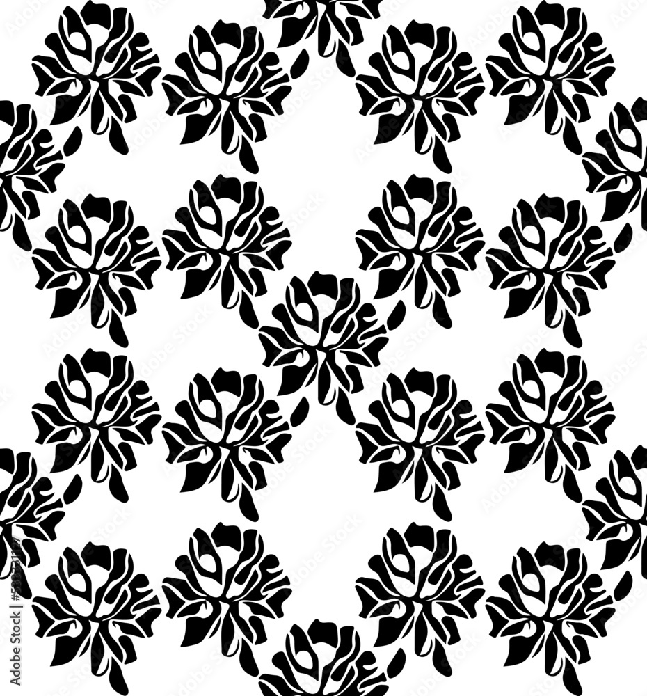 Seamless vector line art pattern made of black flowers on white