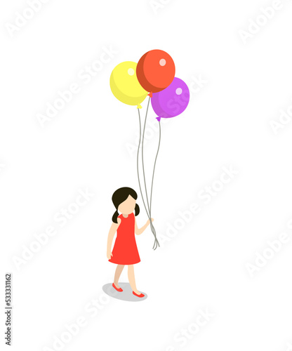 Little girl with colorful air balls isometric 3D element. Children in amusement park object, family rest vector illustration.