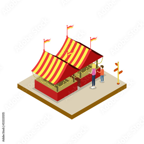 Amusement park tents isometric 3D element. Family active vacation and entertainment vector illustration.