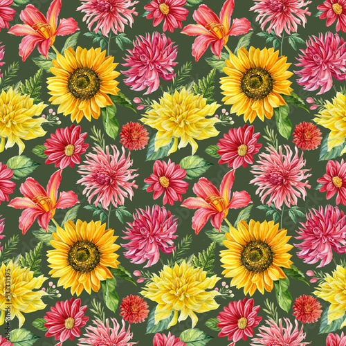 Sunflowers  dahlia  rose and lily. floral background. Watercolor botanical painting flowers. Seamless pattern.