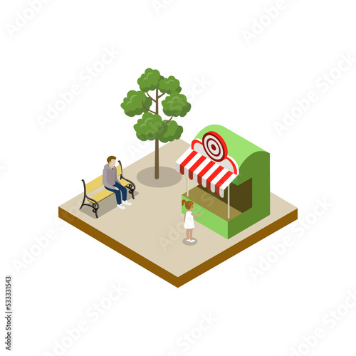 Shooting gallery isometric 3D element. Amusement park architecture and entertainment, family rest vector illustration.
