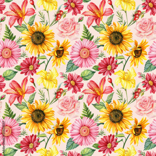 Sunflowers  dahlia  rose and lily.Seamless floral background. Watercolor botanical illustration. Flowers pattern.