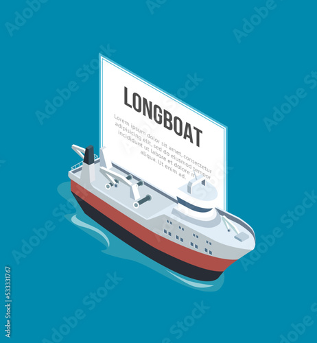 Isometric view of longboat sailing with banner in blue water.