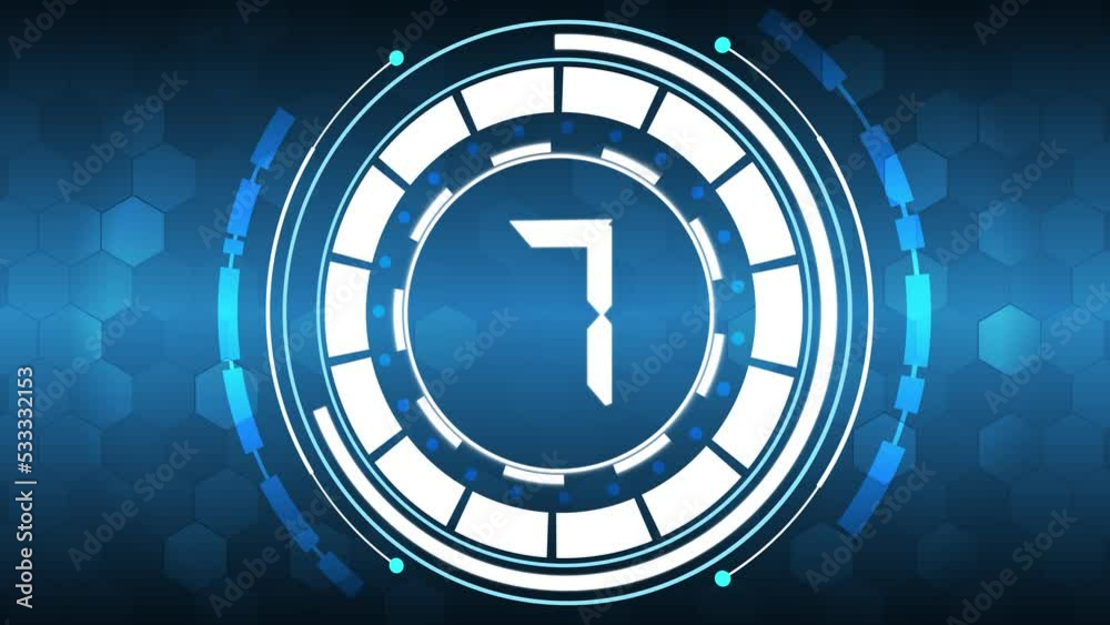 Technology countdown from 10 seconds to 0 seconds. Technological animation with glowing blue circular circuit. Countdown, last moments, last seconds. Countdown to New Year's Eve