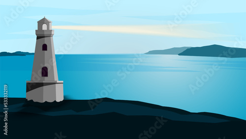 lighthouse in ocean at sunset. Vector Illustration