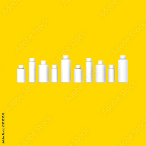 White cosmetic bottles isolated on yellow background. Packaging of cosmetics. Ten containers for cosmetics. Square image. 3d image. 3D visualization.