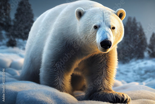 Polar bear on snow in arctic forest. Ursus maritimus species. White bear on snow in nature habitat. Wildlife scene from Antarctican animal behavior in forest. 3D illustration © bennymarty