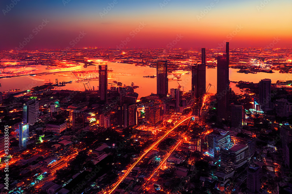 Φωτογραφία anime Bangkok Cityscape Business district with high building at dusk Bangkok Thailand