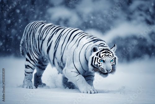 Fotografia A close-up of an Indian white tiger against a snowy forest and winter backdrop