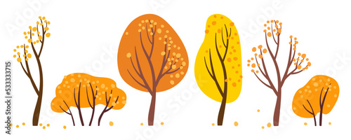 Autumn trees of different shapes and colors. Yellow Orange trees with falling leaves. Withering plants with golden foliage Isolated on white background. Autumnal season golden garden trees foliage