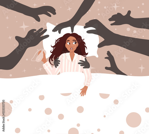Sleep paralysis with hallucinations. Sleeping problem disorders, parasomnia. Atonia, hypnagogia moment. Nightmares, monsters. Stress and psychological problems. Mental health concept