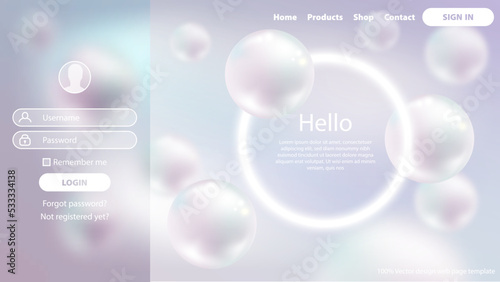 Sign In Login form glassmorphism style. Luxury pearl sphere background with defocused white light circle frame. Landing page premium web design for science site, medical, beauty, jeweler, accessory