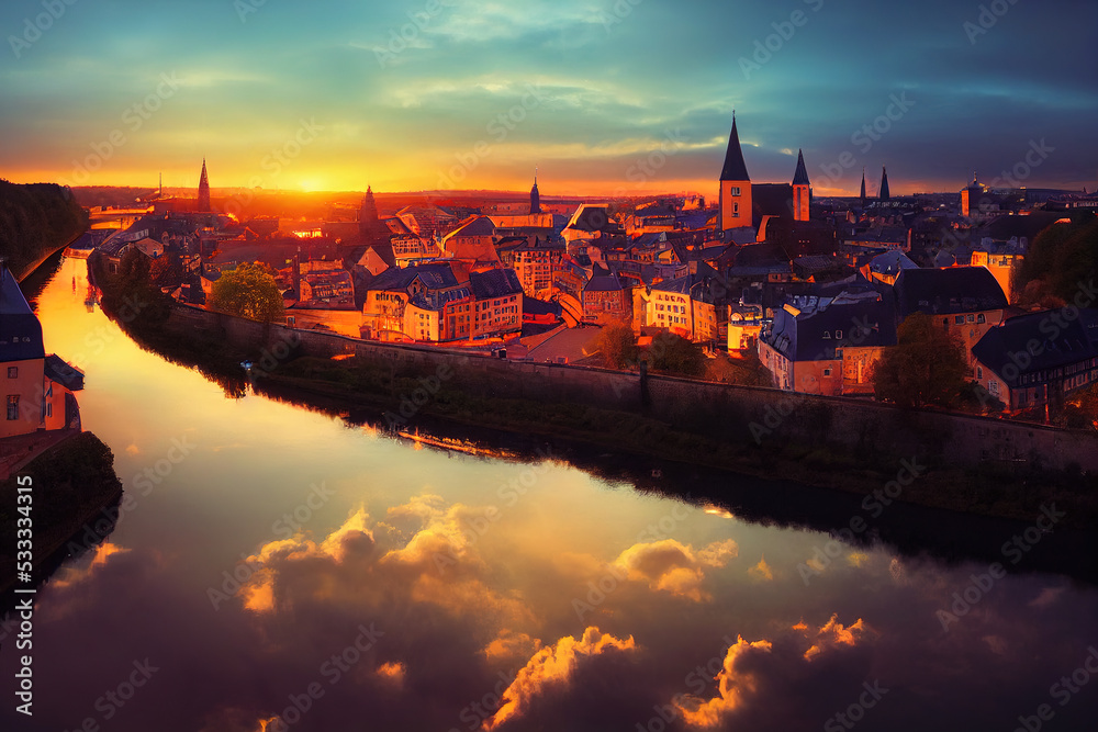 Conceptual Ai Generated Image - Luxembourg City Luxembourg Cityscape image of old town on Alzette River skyline during beautiful sunset