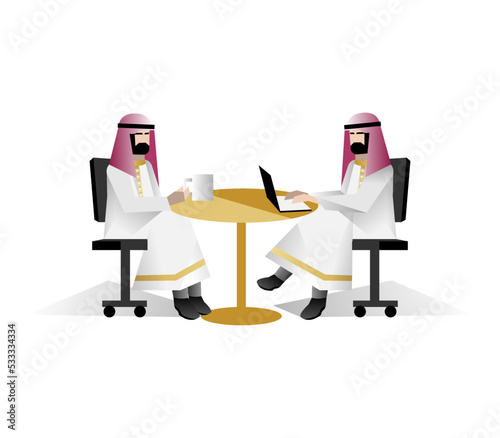 Bearded arabic businessmen coffee meeting in office. Corporate business people isolated vector illustration