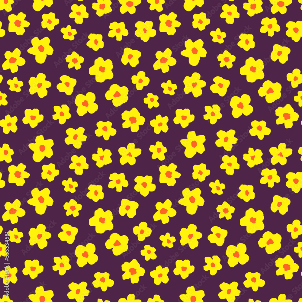 Cute little flower heads seamless repeat pattern. Random placed, vector ditsy daisy retro all over surface print on dark red background. Cute little flower heads seamless repeat pattern. Random placed, vector ditsy daisy retro all over surface print on dark red background.