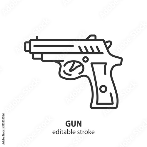 Hand gun line icon. Pistol vector symbol. Powerful weapon, sign of war. Editable stroke.