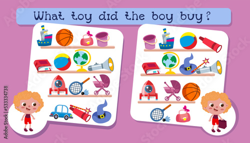 Activities for children. Educational game for children. What toy did the boy buy. Find differences. Vector illustration.