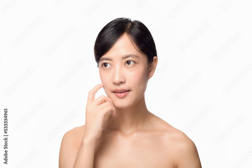 Portrait healthy pretty young woman isolated on white background. beautiful female model person applying cosmetic cream for skincare on fresh makeup clean face. spa, treatment, wellness concept. Portrait healthy pretty young woman isolated on white background. beautiful female model person applying cosmetic cream for skincare on fresh makeup clean face. spa, treatment, wellness concept.