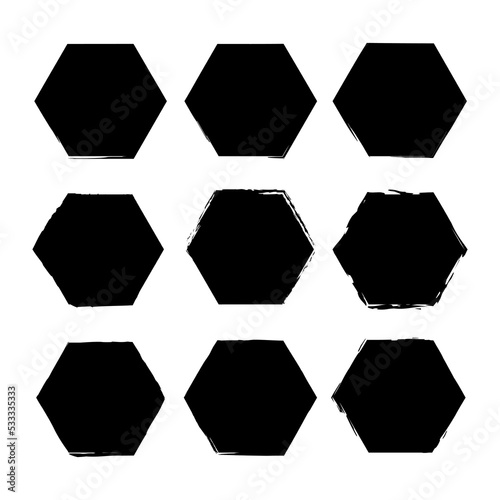 Retro brush hexagons. Brush texture. Circle frame set. Grunge texture background. Vector illustration. Stock image. 