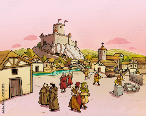 Illustration of a medieval town with a castle.Cartoon style. Society in the Middle Ages. photo
