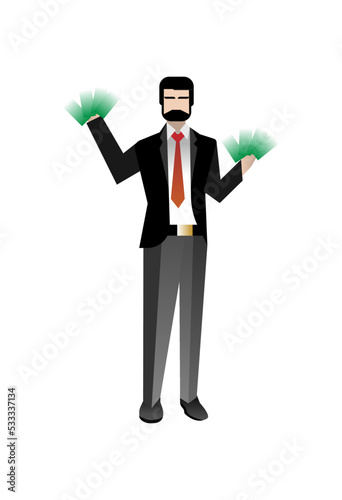 European bearded businessman in business suit with money in hands. Corporate business people isolated vector illustration