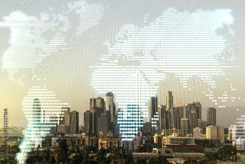 Multi exposure of abstract graphic world map on Los Angeles cityscape background  big data and networking concept