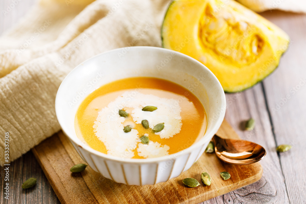 Pumpkin soup with pumpkin seeds and cream Pumpkin soup with pumpkin seeds and cream