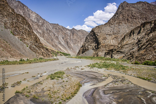 The beautiful Bartang valley, trekking destination. View on the Bartang Valley in the Pamirs, Tajikistan, Central Asia