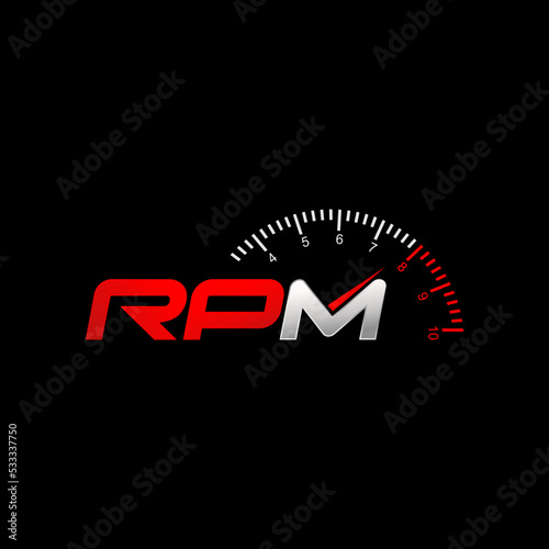 Simple letter or word RPM italic font with speedometer needle image graphic icon logo design abstract concept vector stock. Can be used as symbol related to sportcar or workshop