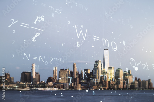 Abstract scientific formula hologram on New York city skyline background. Multiexposure